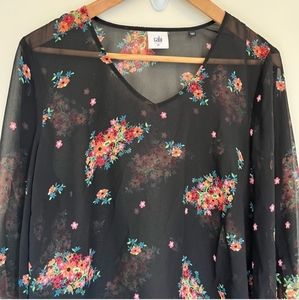 Cabi Blooming Black Floral Print Semi Sheer Peasant Blouse #3594 - size Medium